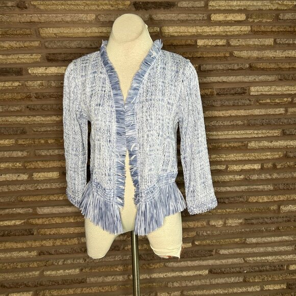 White House Black Market Blue Opal Fringe Jacket Open Drape Size Small - Picture 8 of 9